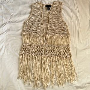 Forever 21 swimsuit coverup.  Color beige with long fringes and size small.